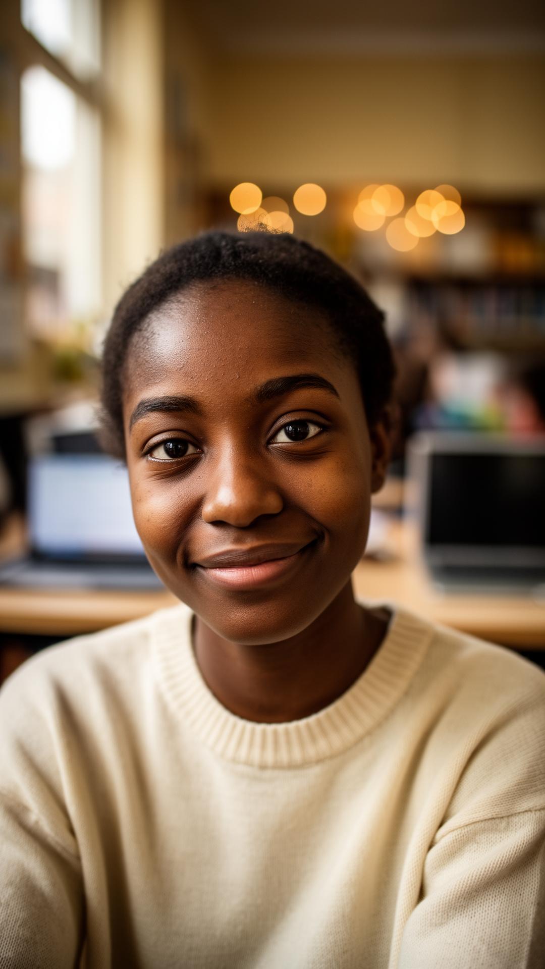 A young community member in a Futurenomic learning cohort, looking directly at the camera